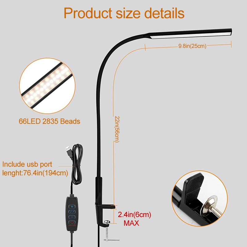 Adjustable LED Clip Desk Lamp 1200LM USB Plug with 3 Modes 10 Levels of Brightness Book Light for Reading Study Memory Function