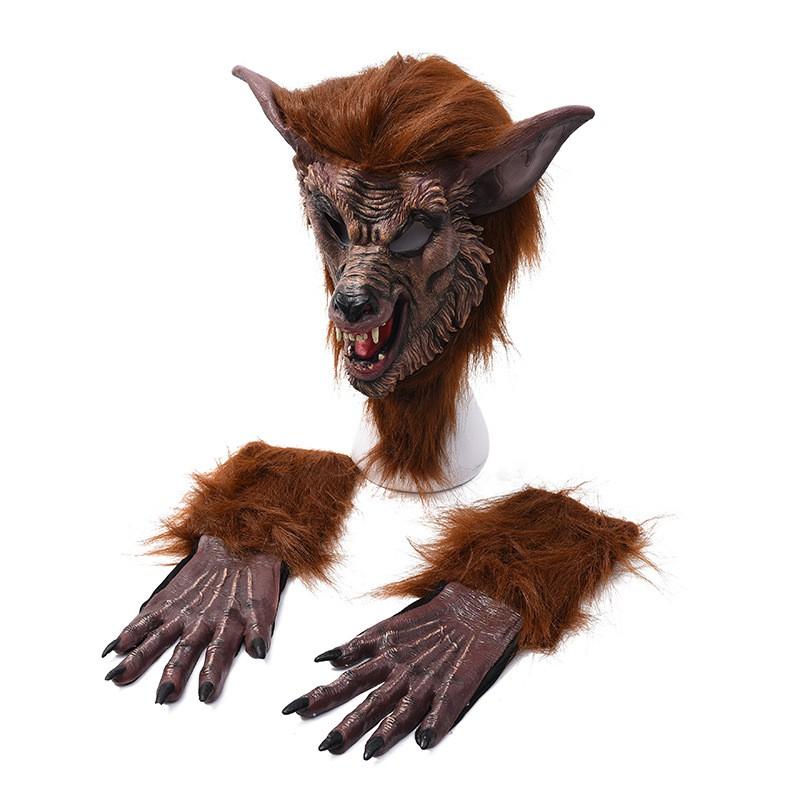 Halloween Cosplay Wolf Mask Gloves Set Latex Animal Head Costume Party