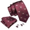 Barry.Wang Mens Wine Red Tie Dinosaur Print Necktie Hanky Cufflinks for Wedding Formal
