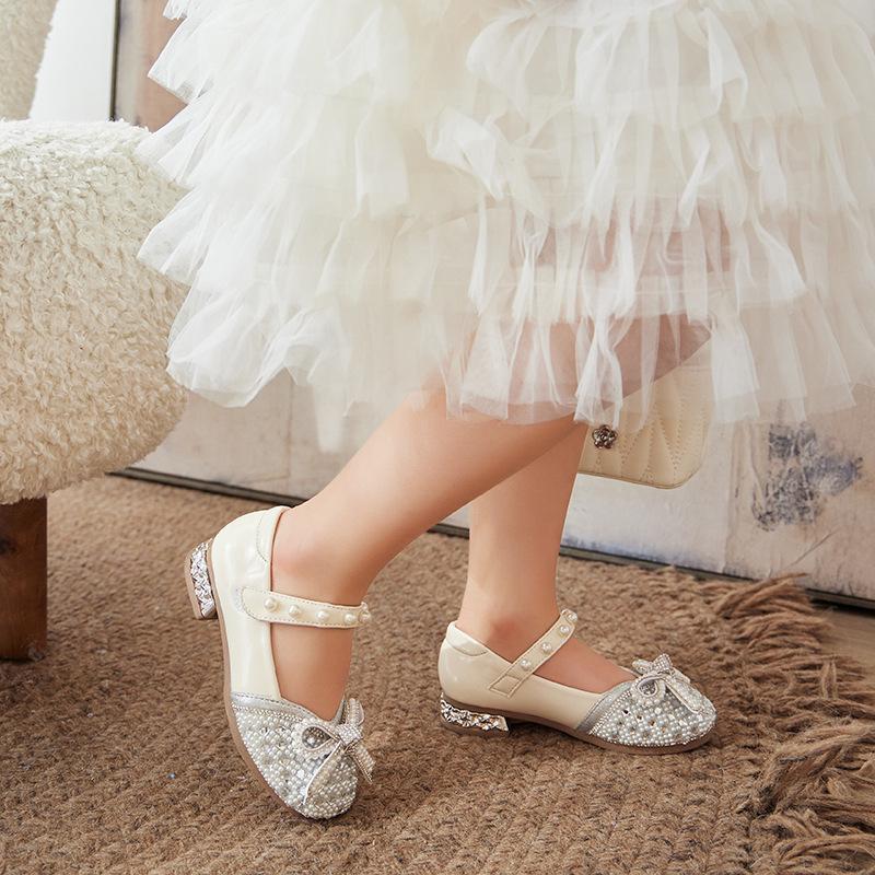 Girls Leather Shoes for Wedding Party Kids Stage Shoes Rhinestone with Pearls Bow-knot Princess Dress Shoes High-heel Model Shoe