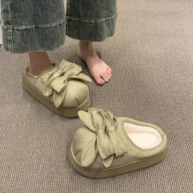 Schleifen Baotou Hausschuhe Winter Neu Runde Spitze Wildleder Plateau Sohle Rutschfest Verschleißfest Warm Baumwollschuhe