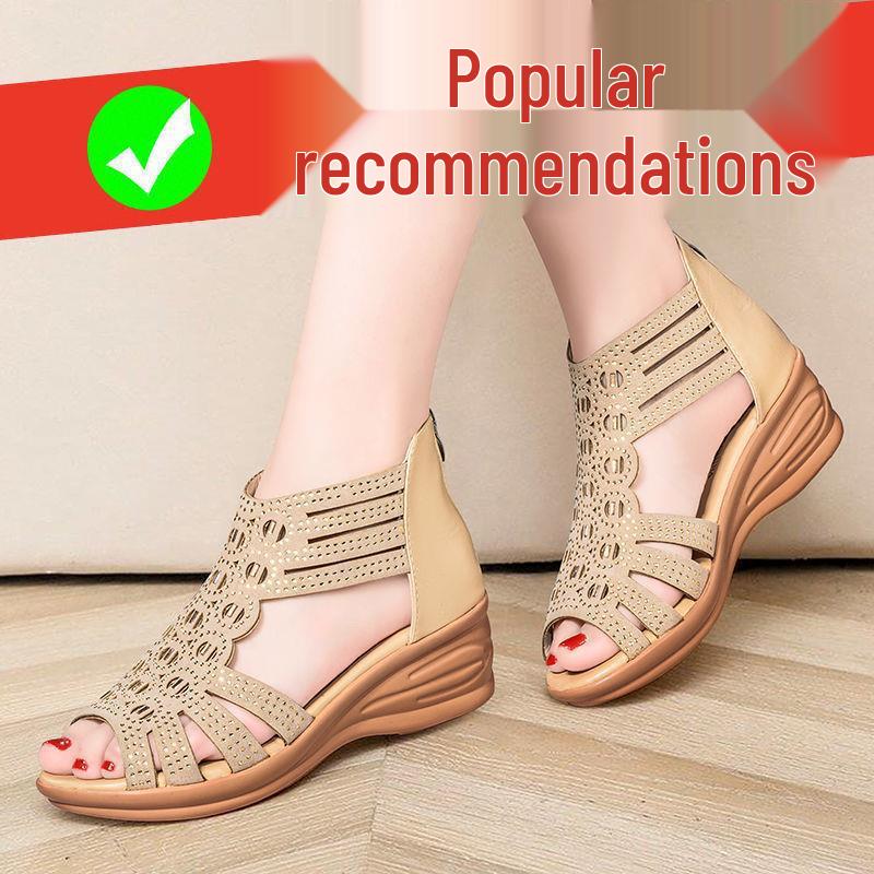 2024 Women's Rhinestone Peep Toe Wedge Sandals - Summer Mid Heel, Soft Sole, Open Toe
