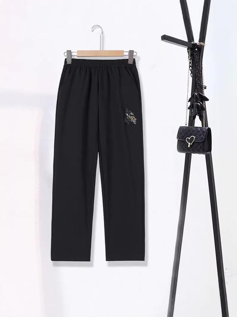 Mom's Summer High-Waisted Elastic Straight Leg Embroidered Pants for Middle-Aged Women
