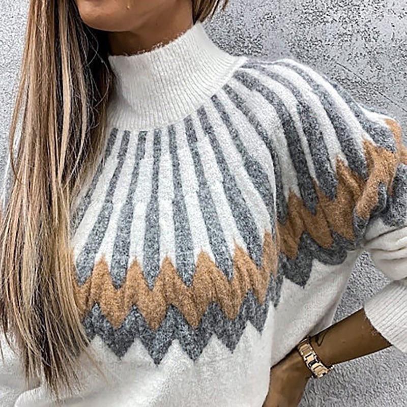 Womens Winter Loose Fit High Neck Long Sleeve Knit Sweater With Print Casual Elegant Style
