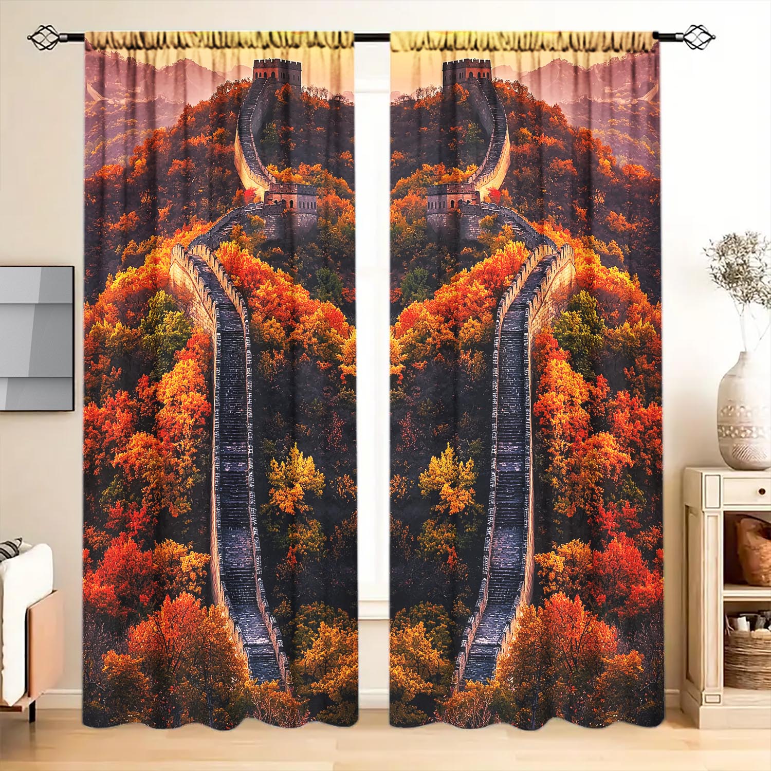 

Panels Autumn Red Maple Great Wall Decorative Curtains Semi Transparent Without Lining Durable Polyester Fiber Made Of W100*H70(CM)-Grommet top&2PCS