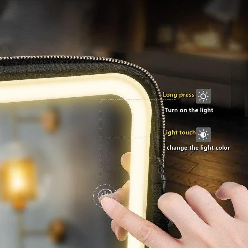 1PC Portable PU Leather Travel Cosmetic Storage Bag LED Mirror Makeup Bag