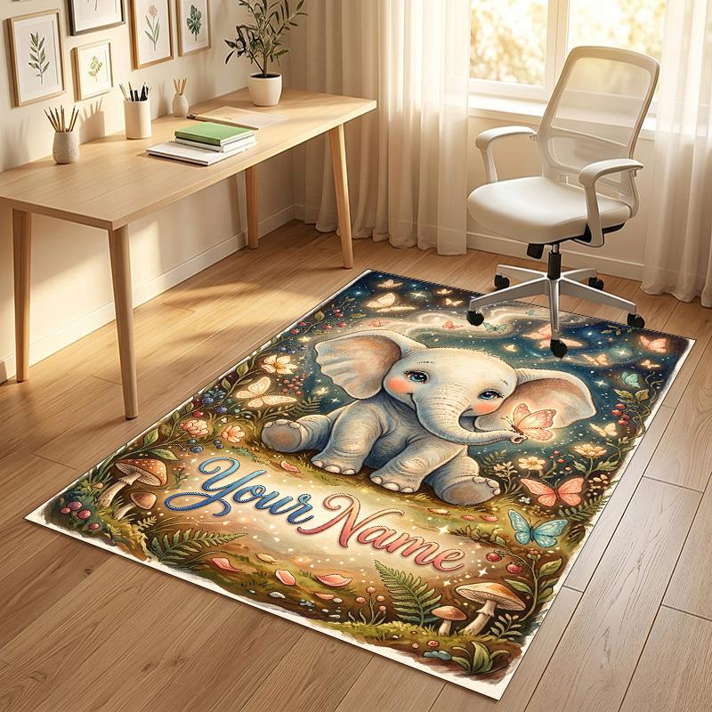 Elephant Theme Crystal Velvet Rug Personalized Custom Name Text Soft Floor Mat Home Decor