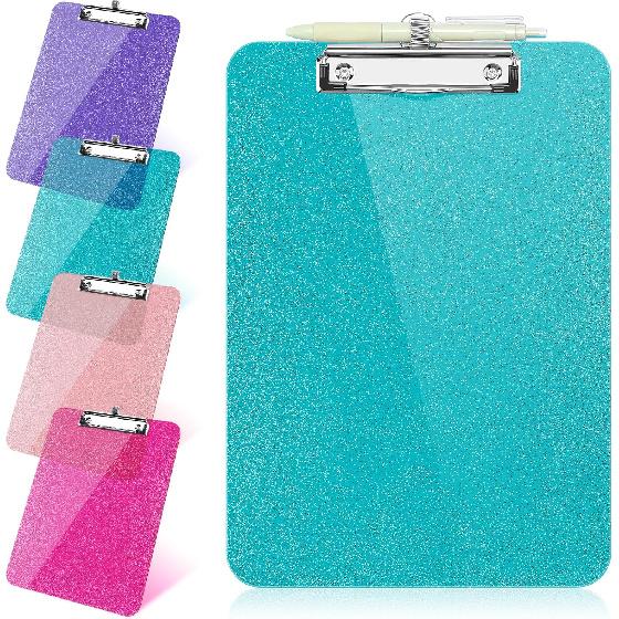 1 Pcs Clear Glitter Clipboards, Plastic Clipboard with Pen Holder, Size 8.85 x 12.4 in Shiny Clipboards with Low Profile Clip, Cute Hanging Clipboard