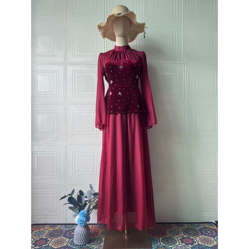 

Western Style New Diamond Patchwork Fashion Design Sense Waist Hugging Slimming Dress Long Sleeve Dress Burgundy 2XL