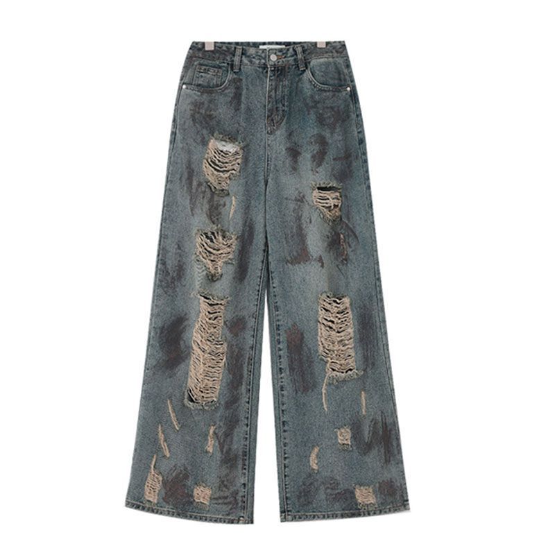 Loose Broken Hole Jeans Women Big Yards Autumn Vintage High-waisted Thin Dragging Broad-legged Long Trousers Jeans for Women Long Denim Pants