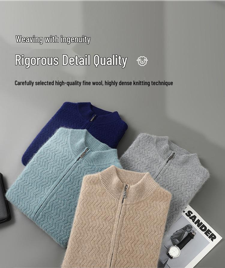 2025 Men's Wool Wave Pattern Zipper Cardigan - Loose Casual Half-High Collar Sweater