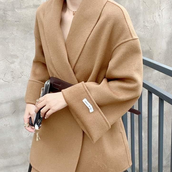 Double-Sided Petite Wool Coat - Bathrobe Style, Korean-Inspired, Waist-Slimming for Women