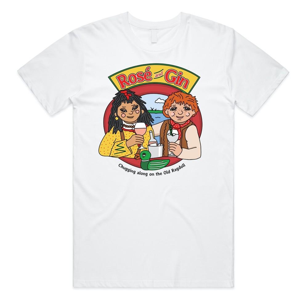 

Rosé and Gin T-shirt Graphic Tee Funny 90 s TV Show Rosie and Jim Boat Wine M