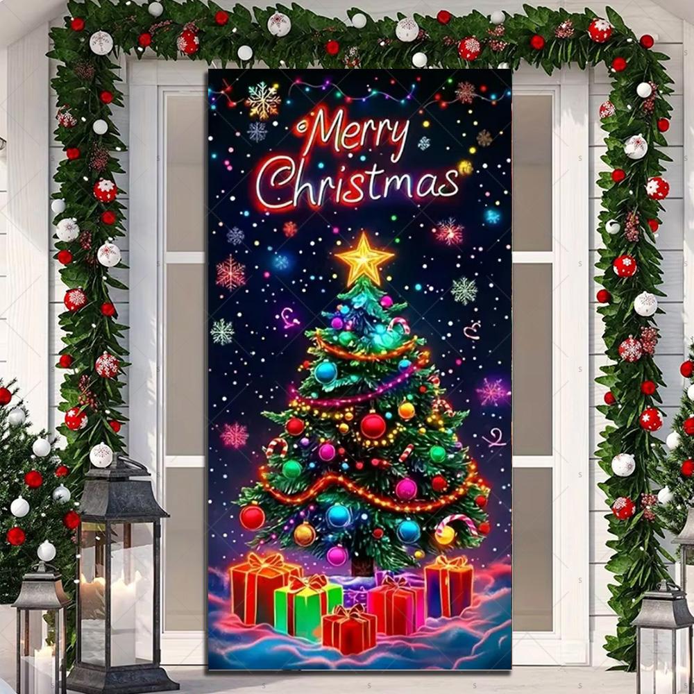 

Winter Christmas Door Covers Background Supplies Xmas Tree Bell Gifts Photography Backdrop Party Decorations Photo Shoot Props 120X60CM