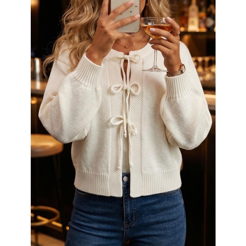 Women S Solid Color Knit Cardigan With Tie Closure Casual Outerwear