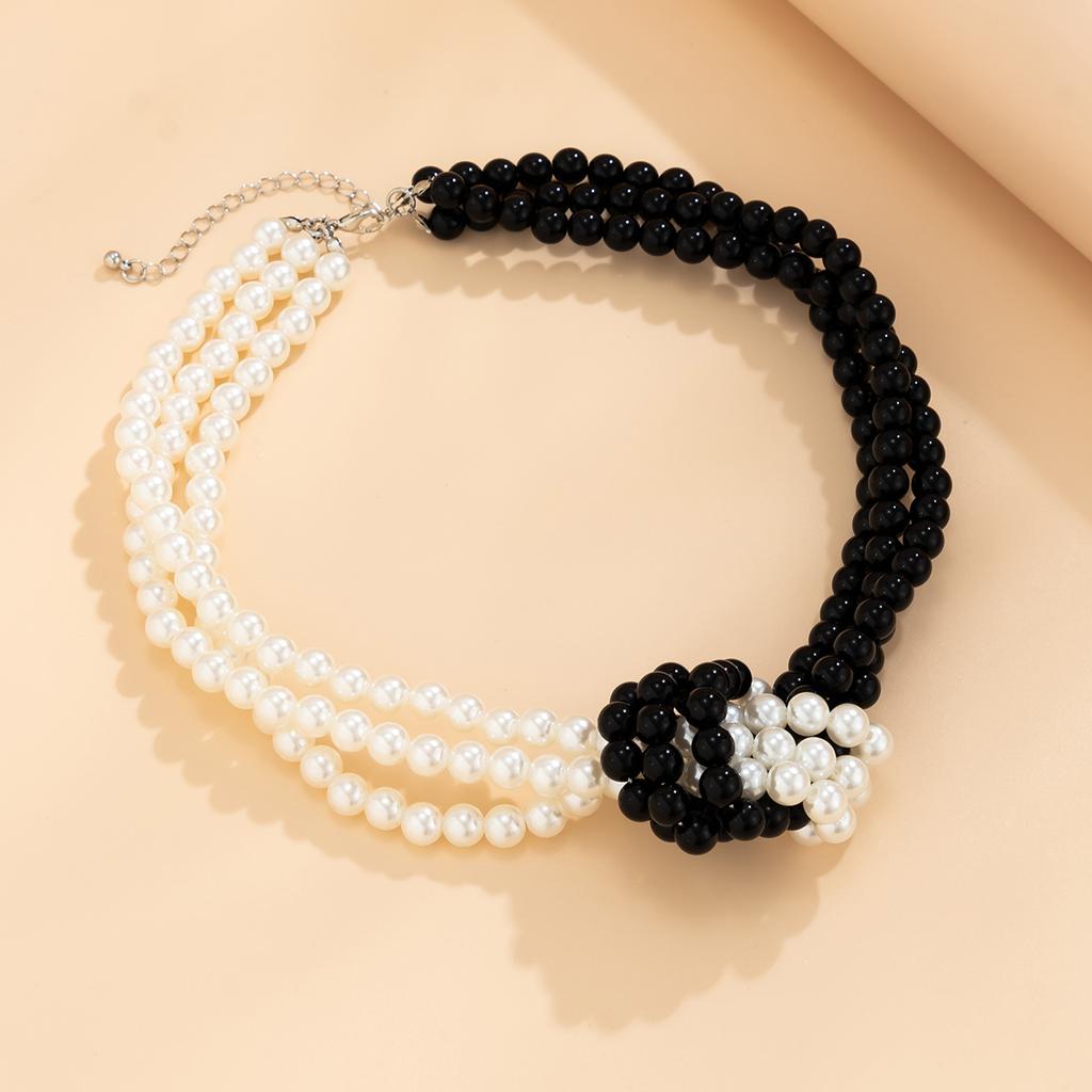 Style Fashion Retro Splicing Knotted Multi-Layer Imitation Pearl Necklace Women French Beaded Collarbone Chain Choker