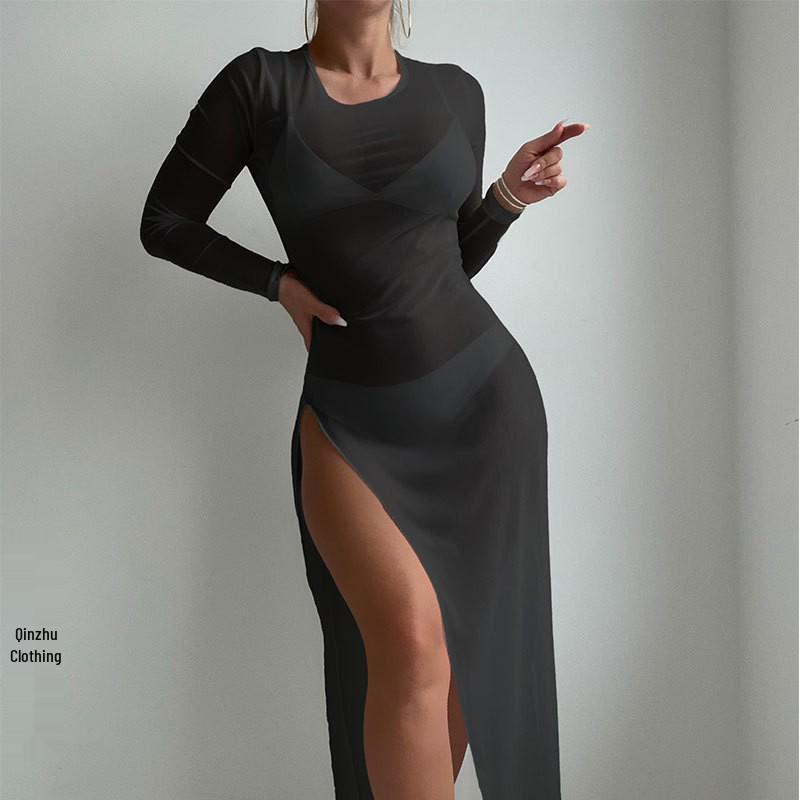 2024 Beach Vacation Mesh Swimsuit Long Cover-Up Dress - Sexy Round Neck Transparent Bikini Cover-Up