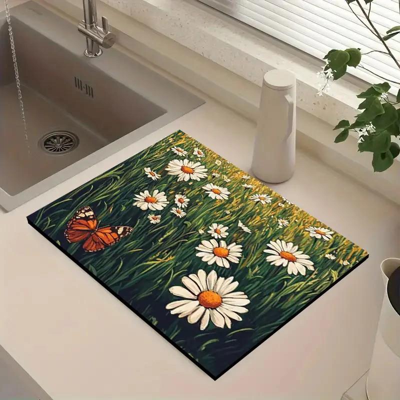 

Масло на холсте Цветочный Коврик для сушки посуды Абсорбирующий Кухонный коврик для сушки Кухонный коврик для сушки посуды, Термостойкая подставка для стола 50x80cm