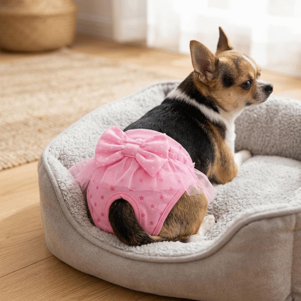 Pink Tone Pet Sanitary Pant Bow Decor Female Dog Nappy Cute Pet Short Pant House Clean Protection