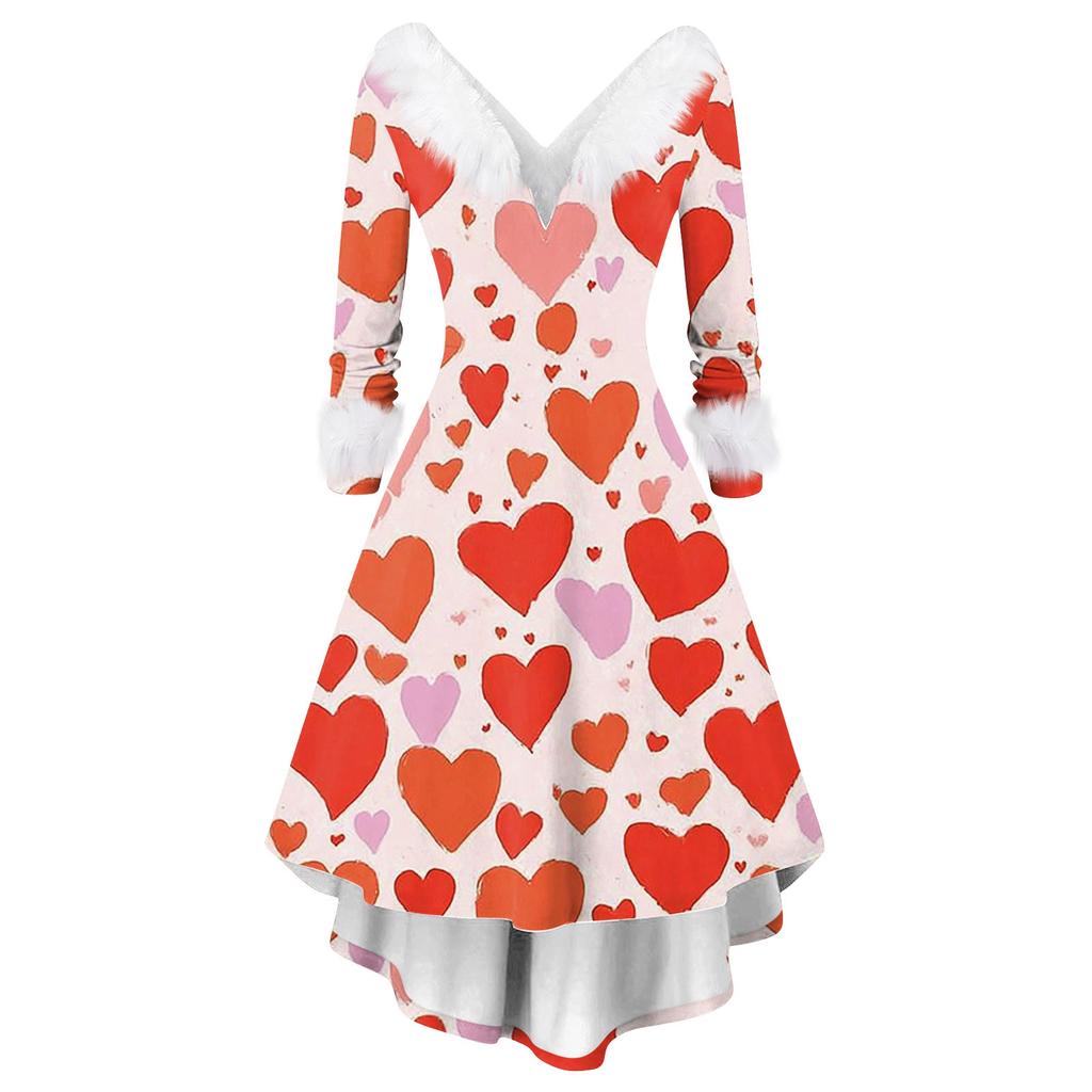 Damen stilvolles und elegantes langärmeliges V-Ausschnitt Kleid mit Valentinstags-Herzprint