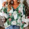 Women's V-Neck Long Sleeve Christmas Printed Lightweight Top for Spring and Summer