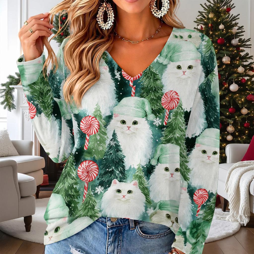 Women's V-Neck Long Sleeve Christmas Printed Lightweight Top for Spring and Summer