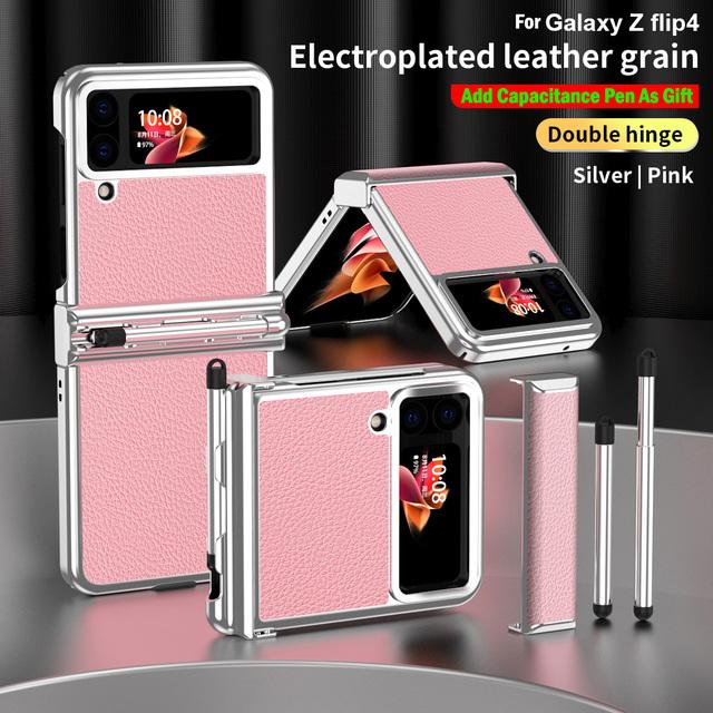 For Samsung Z Flip 4 etui Dobbelt hengsel med pennspor plating lærdeksel for Galaxy Z Flip 4 hengslet etui + kapasitans berøringspenn