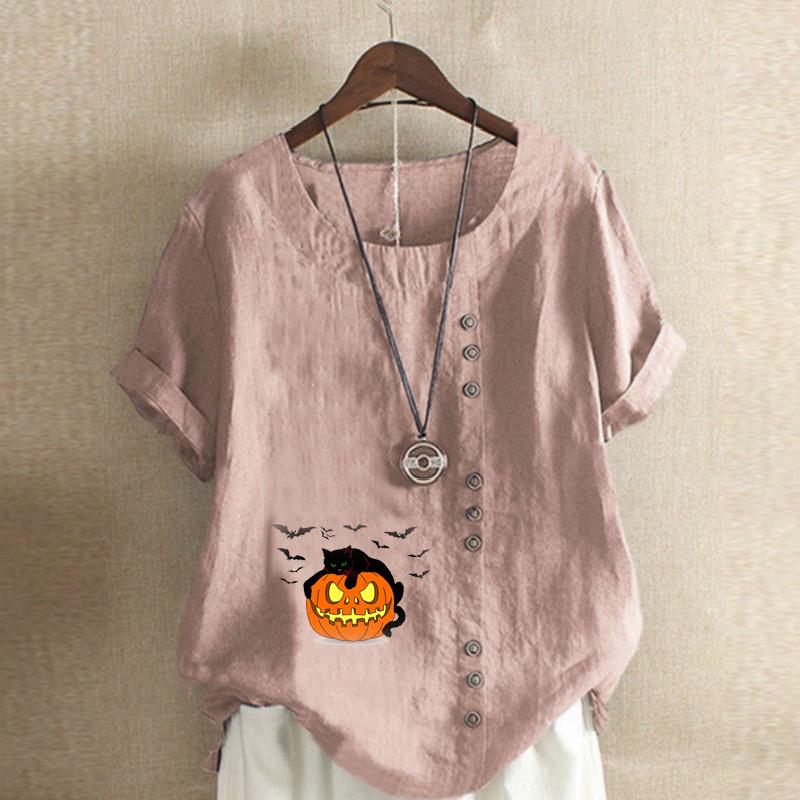Women's Fashion Round Neck Short Sleeve T-shirt Casual Cotton Linen Graphic Shirt Leisure Loosepumpkin Lantern Prined Summer Blouse Tops