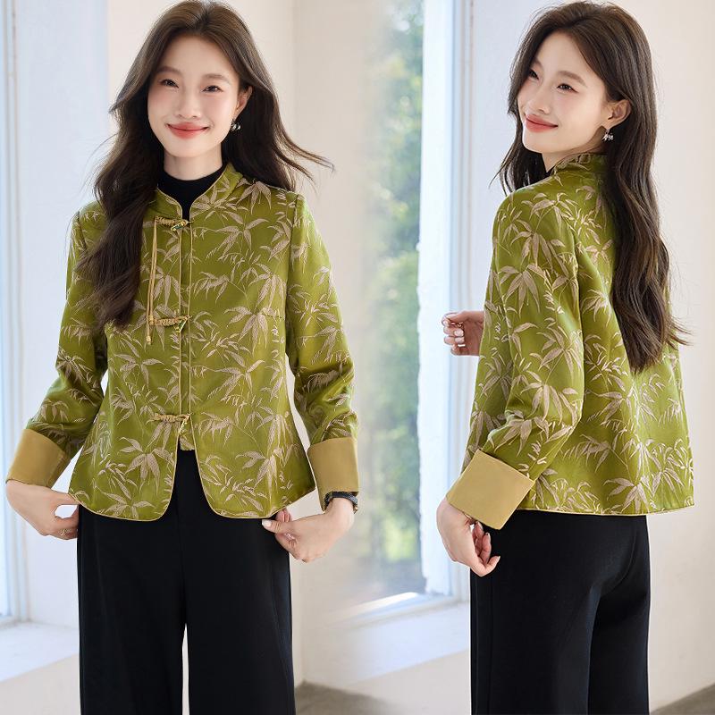 

Осень 2025 Пальто высокого класса на подкладке с жаккардовым узором «Бамбуковый лист» в китайском стиле Medium изумрудный/зелёный