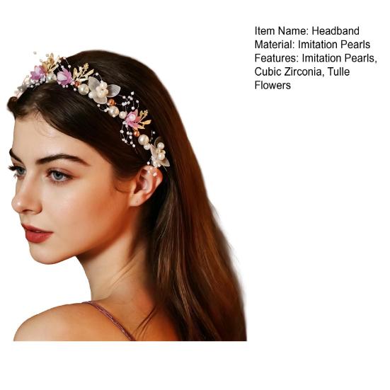 Stirnband Florales Schmetterlingsdesign Verstellbares Band Hellrosa Tüllblumen Haarreif mit Imitationsperlen Zirkonia-Dekor Party-Haarschmuck