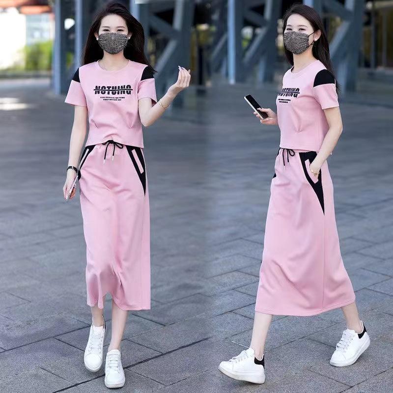 Women's Fashionable Summer Casual Suit: Short Sleeve T-shirt & Mid-Length Skirt Two-Piece Set