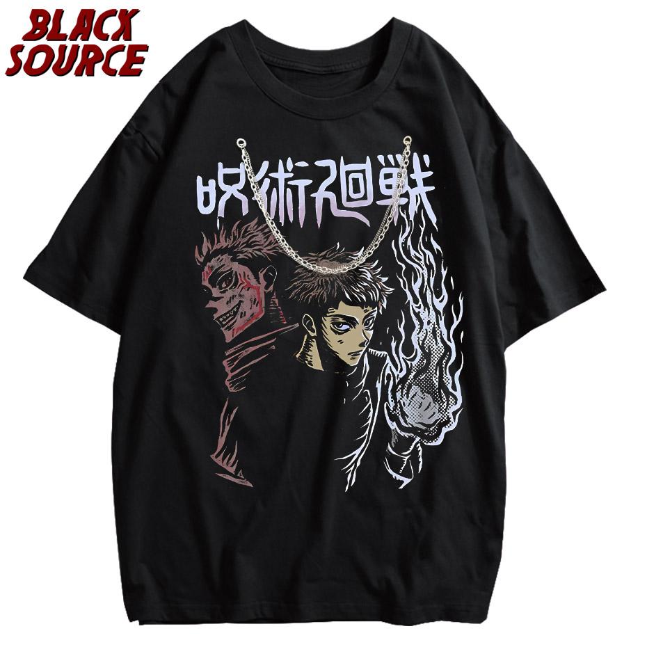 

Men Harajuku Black Washed TShirt Hip Hop Streetwear Japan Anime Graphic Cotton Casual Tshirt Summer Short Sleeve Tops T Shirt M