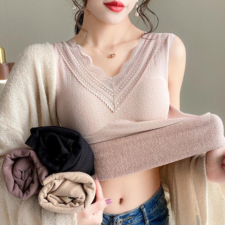 Thermal Underwear Warm Body Tops Vest Sexy Winter Clothing Women Sleeveless Slim Seamless V Neck Lace Side Solid Inner Wear