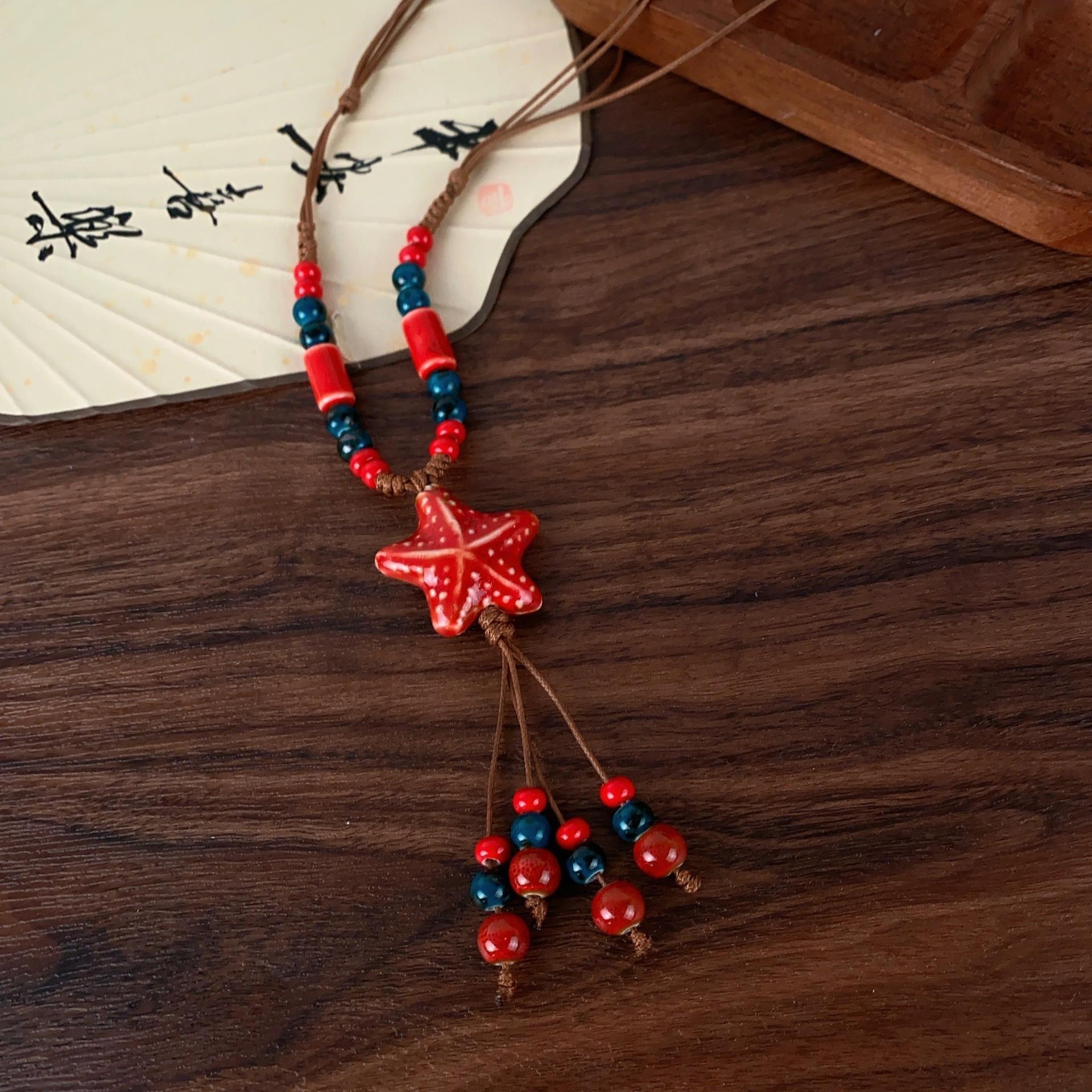 Новое китайское цветное керамическое ожерелье-звезда с бусинами, женское богемное ретро этническое длинное ожерелье-цепочка для свитера, аксессуары