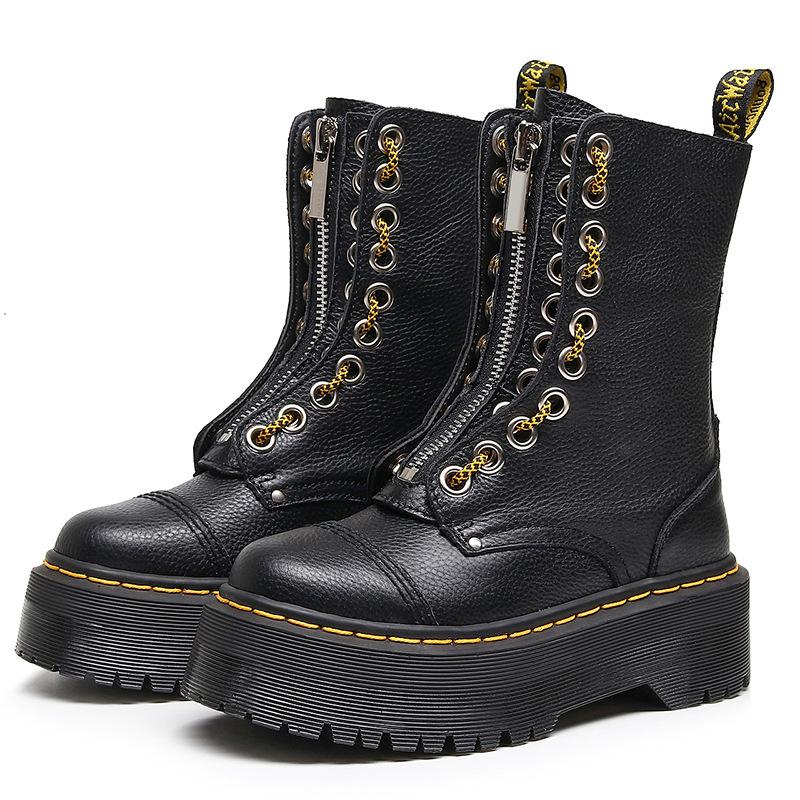 

Martin boots British two perforated platform locomotive boots front zipper first layer cowhide long boots muffin shoes 35 чёрный