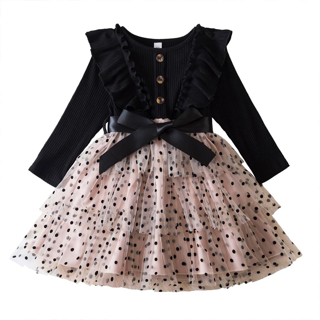 Dívčí Móda Roztomilé Šaty Princezny s Mašlí s Dlouhým Rukávem Puntíkované Síťované Dortové Šaty Šaty