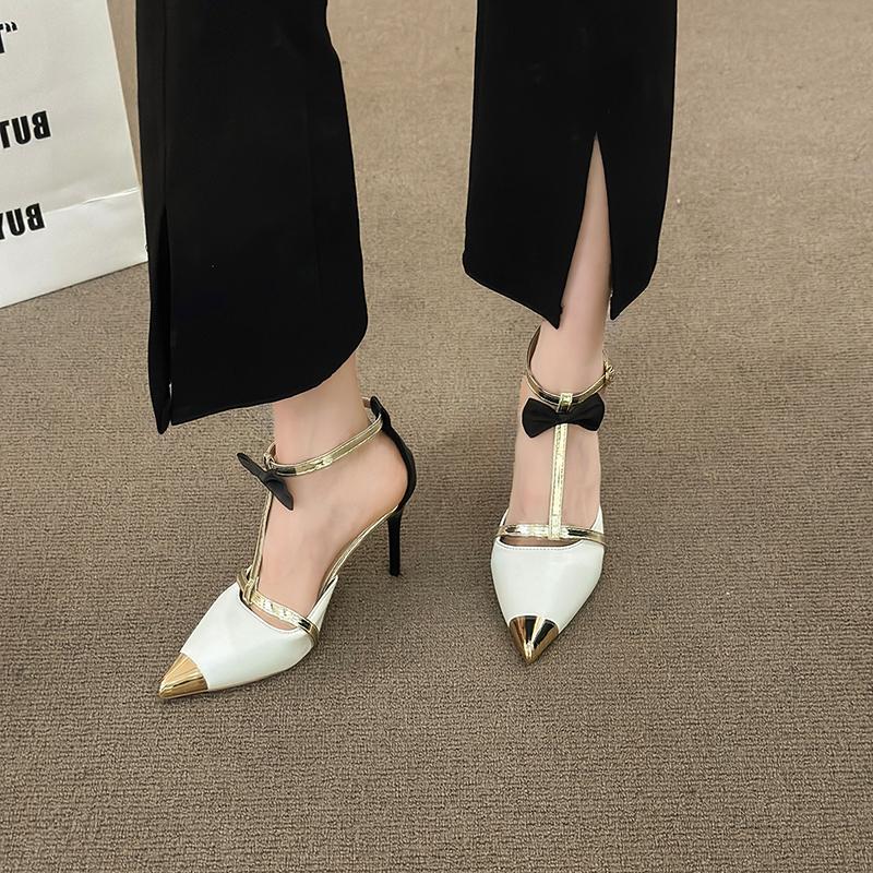 9CM Spring/Summer New Pointed Hollow Bow T-Belt Single Shoes Thin High Heel Banquet Dress Versatile Metal Head Women's Sandals