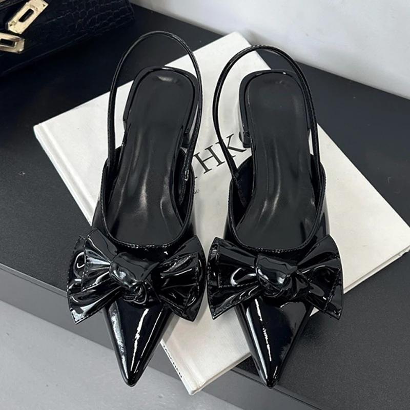 Designer Bowknot Flat Sandals Women Sexy Pointed Toe Backless Square Heel Dress Shoes New Fashion Party Back Strap Brand Pumps