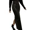 Women's Retro High-Waisted Black Leather Skirt - Slimming Mid-Length with Slit, for Spring/Autumn