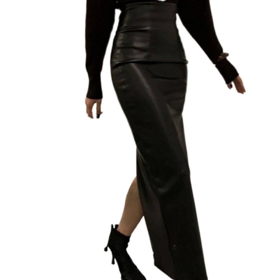 Women's Retro High-Waisted Black Leather Skirt - Slimming Mid-Length with Slit, for Spring/Autumn