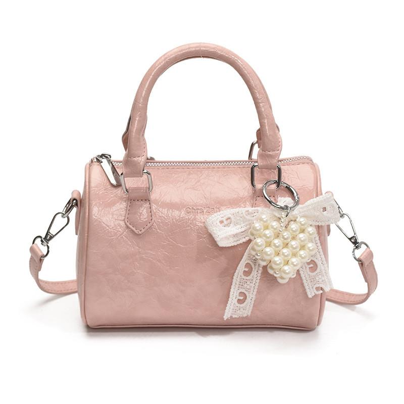 Fashionable Style Tote With Lace Bow And Artificial Love Heart Pearl Pendant For Daily Commuting розовый