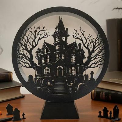 Halloween LED Lantern Wooden Desktop Light Witch Pumpkin Spider Cat Designs Silhouette Ornament Spooky Tabletop Home Party Decoration