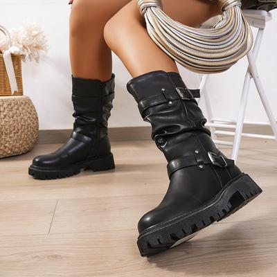Mode Schnalle Mid-Calf Stiefel Frauen Herbst Winter Plissee Pu Leder Motorrad Botas Mujer Rutschfeste Plattform Warme Stiefel frau