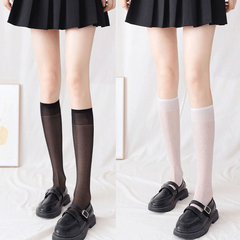 Ultra Thin Calf Socks for Women Long Tube Silk Stockings Summer Thin JK Knee High Socks White Sheer Half High Tube Socks Summer