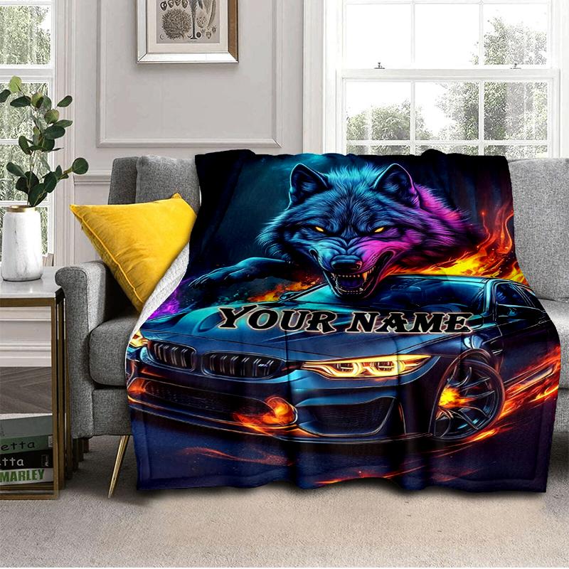 1PC Custom Name Wolf Car Spirit" flannel blanket versatile,all-season throw suitable for the living room,bedroom,camping,travel,and gift