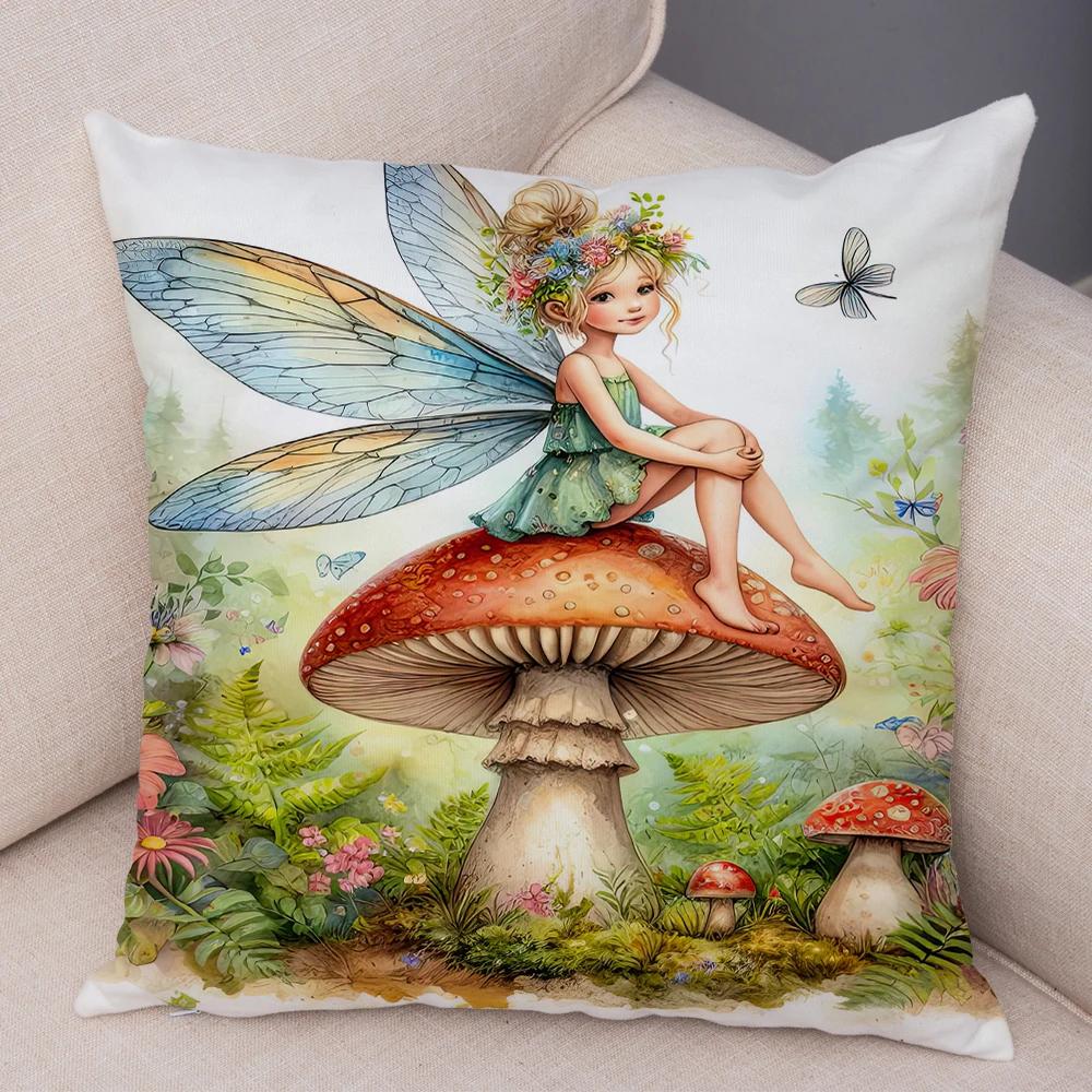 Niedlicher Cartoon Waldmädchen Elfen Kissenbezug Doppelseitig bedruckter Kissenbezug Deko für Sofa Zuhause Superweicher Plüsch Kissenbezug 40x40cm