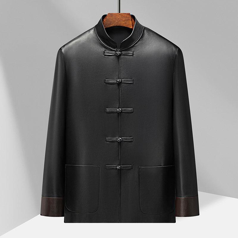 

Весенние и осенние мужские куртки из натуральной кожи в китайском стиле, костюмы из овчины в стиле Тан, деловые куртки для мужчин среднего и пожилого возраста 195
