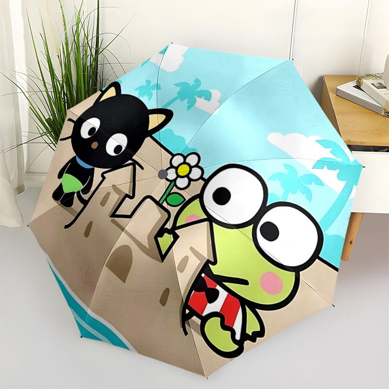 1pc Hello Kitty & Keroppi Sandcastle Beach Umbrella - Automatic Opening/Closing, Portable Folding Design, 8-Rib Iron Frame, Outdoor Umbrella, Festival