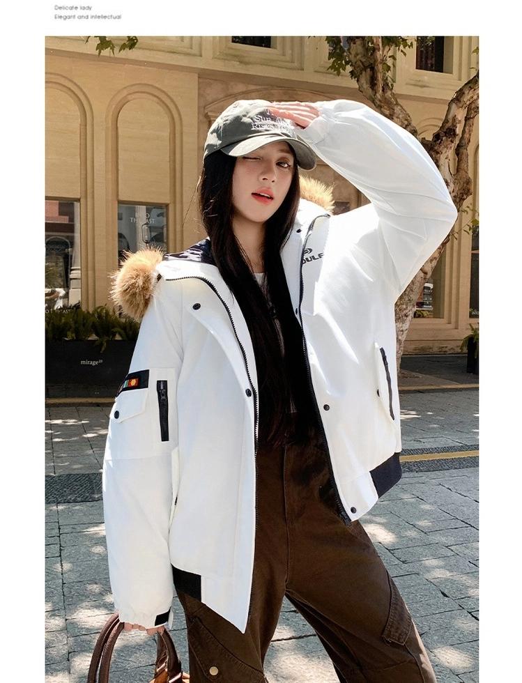 Women’s Short Hooded Cotton-Padded Parkas Windproof Thicken Warm Winter Jacket With Fur Collar