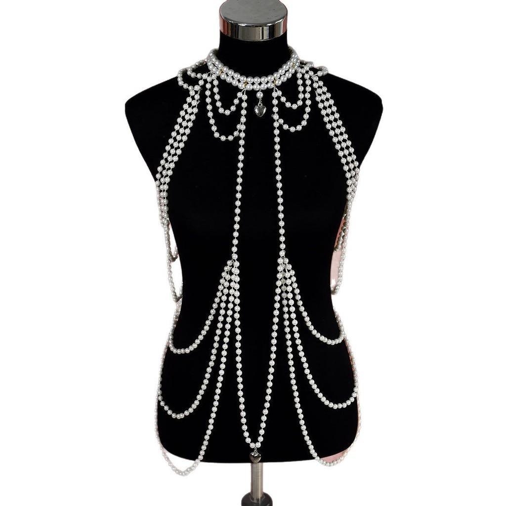 Classic Pearl Multilayer Body Chain With Heart Pendant For Elegant Party Wear